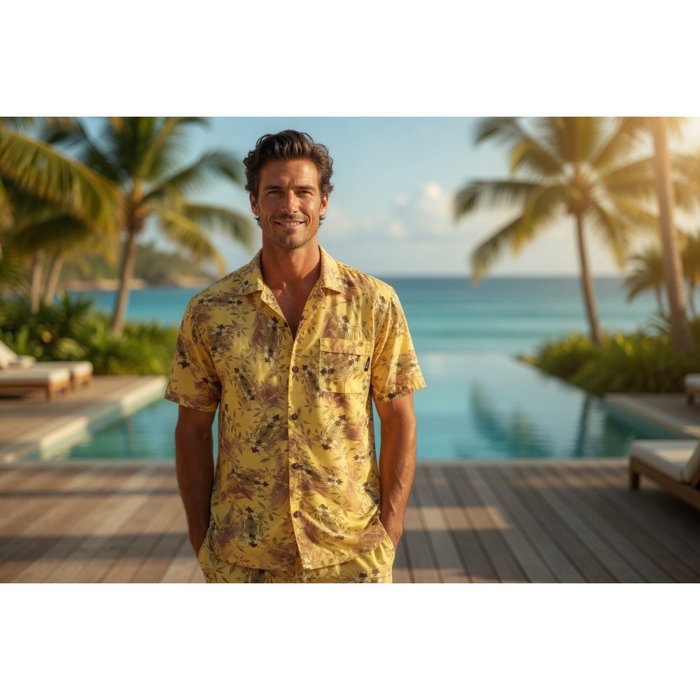 No Fear Vintage Mens XL Yellow Tropical Tribal Print Nylon Button Down Shirt USA